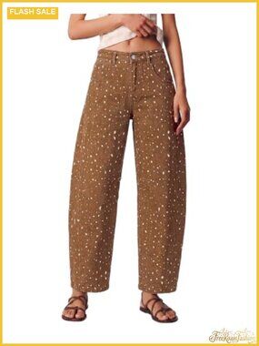 High Rise Barrel Jeans Women Deer Print Denim Pants Relaxed Fit Stretchable